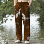 Buddha Stones Cotton Crane Cloud And Ocean Wave Pattern Men's Tapered Pants With Pockets