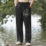 Buddha Stones Cotton White Lotus Spiral Pattern Men's Tapered Pants With Pockets