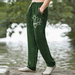Buddha Stones Cotton White Lotus Spiral Pattern Men's Tapered Pants With Pockets