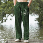 Buddha Stones Cotton White Lotus Spiral Pattern Men's Tapered Pants With Pockets