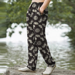 Buddha Stones Cotton Longevity Cloud Round Emblem Pattern Men's Tapered Pants With Pockets