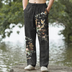 Buddha Stones Cotton White Crane Auspicious Clouds And Pavilion Lotus Pattern Men's Tapered Pants With Pockets