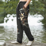 Buddha Stones Cotton White Crane Auspicious Clouds And Pavilion Lotus Pattern Men's Tapered Pants With Pockets