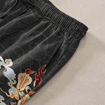 Buddha Stones Cotton White Crane Auspicious Clouds And Pavilion Lotus Pattern Men's Tapered Pants With Pockets