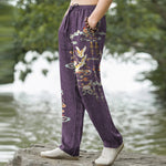 Buddha Stones Cotton White Crane Auspicious Clouds And Pavilion Lotus Pattern Men's Tapered Pants With Pockets