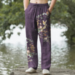 Buddha Stones Cotton White Crane Auspicious Clouds And Pavilion Lotus Pattern Men's Tapered Pants With Pockets