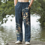 Buddha Stones Cotton White Crane Auspicious Clouds And Pavilion Lotus Pattern Men's Tapered Pants With Pockets