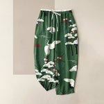 Buddha Stones Pure Cotton Graceful Crane And White Tree Pattern Women's Elastic Waist Pants With Pockets