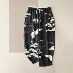 Buddha Stones Pure Cotton Graceful Crane And White Tree Pattern Women's Elastic Waist Pants With Pockets