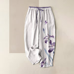 Buddha Stones Pure Cotton Graceful Iris Pattern Women's Elastic Waist Pants With Pockets