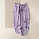 Buddha Stones Pure Cotton Graceful Iris Pattern Women's Elastic Waist Pants With Pockets