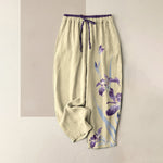Buddha Stones Pure Cotton Graceful Iris Pattern Women's Elastic Waist Pants With Pockets