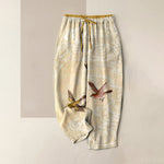Buddha Stones Pure Cotton Cloud and Flying Bird Pattern Women's Elastic Waist Pants With Pockets