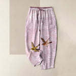 Buddha Stones Pure Cotton Cloud and Flying Bird Pattern Women's Elastic Waist Pants With Pockets