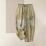 Buddha Stones Pure Cotton White Floral Leaf Pattern Women's Elastic Waist Pants With Pockets