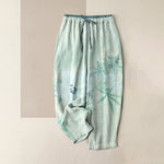 Buddha Stones Pure Cotton White Floral Leaf Pattern Women's Elastic Waist Pants With Pockets