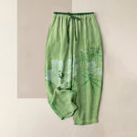 Buddha Stones Pure Cotton White Floral Leaf Pattern Women's Elastic Waist Pants With Pockets