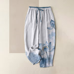 Buddha Stones Pure Cotton Lotus Ink Pattern Women's Elastic Waist Pants With Pockets