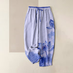 Buddha Stones Pure Cotton Lotus Ink Pattern Women's Elastic Waist Pants With Pockets