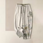 Buddha Stones Pure Cotton Lotus Ink Pattern Women's Elastic Waist Pants With Pockets