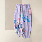 Buddha Stones Pure Cotton Watercolor Lotus Pattern Women's Elastic Waist Pants With Pockets