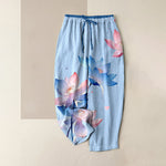 Buddha Stones Pure Cotton Watercolor Lotus Pattern Women's Elastic Waist Pants With Pockets
