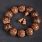 Buddha Stones Natural Abelia Biflora Wood Heart Sutra Om Mani Padme Hum Bracelet