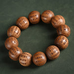 Buddha Stones Natural Abelia Biflora Wood Heart Sutra Om Mani Padme Hum Bracelet