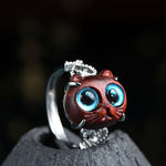 Buddha Stones Small Leaf Red Sandalwood Cat Longevity Adjustable Ring