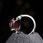 Buddha Stones Small Leaf Red Sandalwood Cat Longevity Adjustable Ring