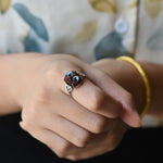 Buddha Stones Small Leaf Red Sandalwood Cat Longevity Adjustable Ring