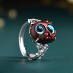 Buddha Stones Small Leaf Red Sandalwood Cat Longevity Adjustable Ring
