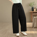 Buddha Stones Summer Casual Drawstring Solid Cropped Pants Women's Wide Leg Pants With Pockets