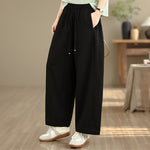 Buddha Stones Summer Casual Drawstring Solid Cropped Pants Women's Wide Leg Pants With Pockets