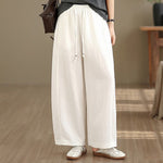 Buddha Stones Summer Casual Drawstring Solid Cropped Pants Women's Wide Leg Pants With Pockets