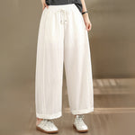 Buddha Stones Summer Casual Drawstring Solid Cropped Pants Women's Wide Leg Pants With Pockets