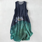 Buddha Stones Summer Casual Lotus Pond Pattern Women's Summer Sleeveless Midi Dress With Pockets