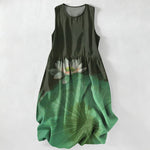 Buddha Stones Summer Casual Lotus Pond Pattern Women's Summer Sleeveless Midi Dress With Pockets