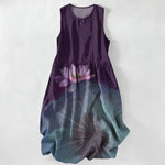 Buddha Stones Summer Casual Lotus Pond Pattern Women's Summer Sleeveless Midi Dress With Pockets