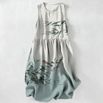 Buddha Stones Summer Casual Bamboo Bird Pattern Women's Summer Sleeveless Midi Dress With Pockets