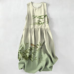 Buddha Stones Summer Casual Bamboo Bird Pattern Women's Summer Sleeveless Midi Dress With Pockets