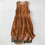 Buddha Stones Summer Casual Bohemian Geometric Floral Border Pattern Women's Summer Sleeveless Midi Dress With Pockets