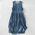 Buddha Stones Summer Casual Bohemian Geometric Floral Border Pattern Women's Summer Sleeveless Midi Dress With Pockets