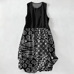 Buddha Stones Summer Casual Wave Floral Patchwork Pattern Women's Summer Sleeveless Midi Dress With Pockets