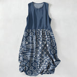 Buddha Stones Summer Casual Wave Floral Patchwork Pattern Women's Summer Sleeveless Midi Dress With Pockets