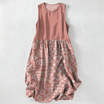 Buddha Stones Summer Casual Wave Floral Patchwork Pattern Women's Summer Sleeveless Midi Dress With Pockets