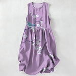Buddha Stones Summer Casual Blossom Bird Branches Pattern Women's Summer Sleeveless Midi Dress With Pockets