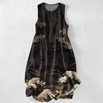 Buddha Stones Summer Casual Ukiyoe Ocean Waves Pattern Women's Summer Sleeveless Midi Dress With Pockets