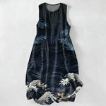 Buddha Stones Summer Casual Ukiyoe Ocean Waves Pattern Women's Summer Sleeveless Midi Dress With Pockets