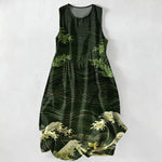 Buddha Stones Summer Casual Ukiyoe Ocean Waves Pattern Women's Summer Sleeveless Midi Dress With Pockets